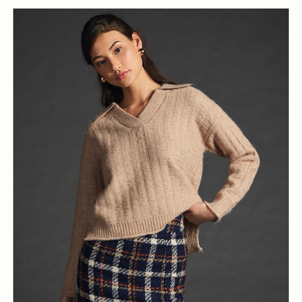 Anthropologie Beige V-Neck Textured Sweater